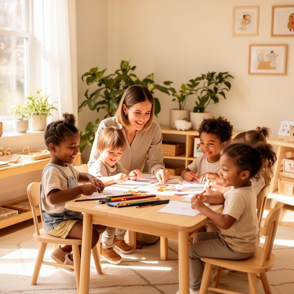 Teacher and preschoolers doing arts and crafts together at Fireflies Daycare